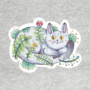 Cute Floral Cat Chilling and Curled Up T-Shirt